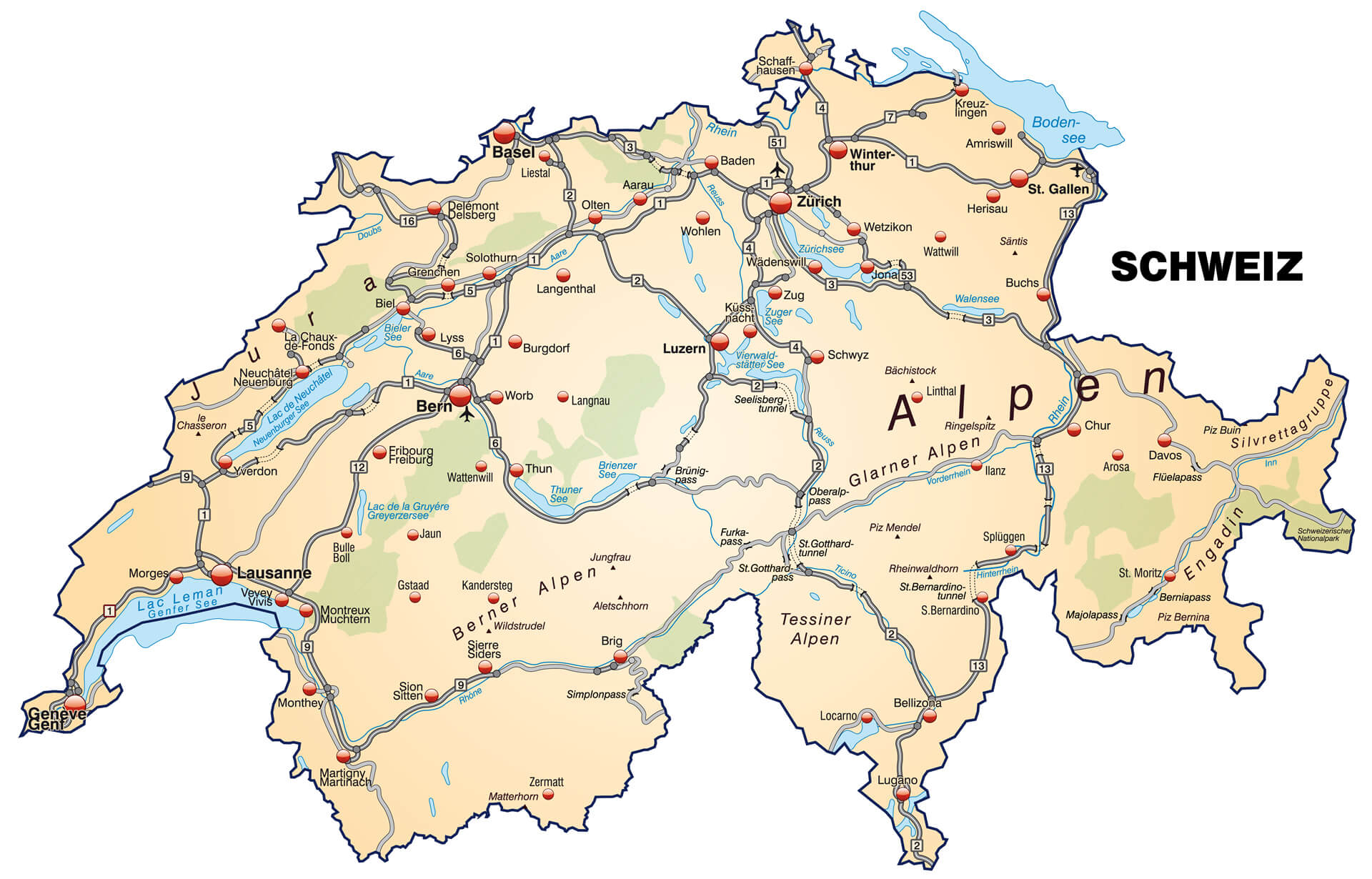 Lausanne et carte de la Suisse avec autoroutes